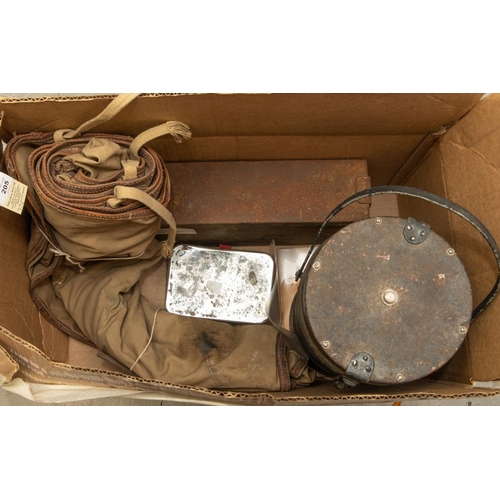 205 - A WWII Russian machine gun ammunition box with linked metal belt; a British officer's bedroll; a lar... 