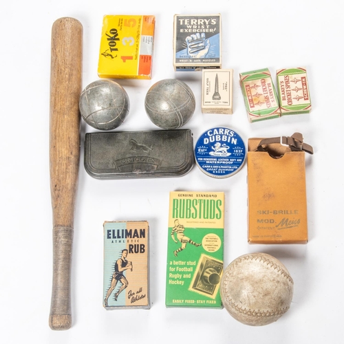 22 - An old turned oak short baseball bat, a stitched leather ball, several vintage accessories in origin... 