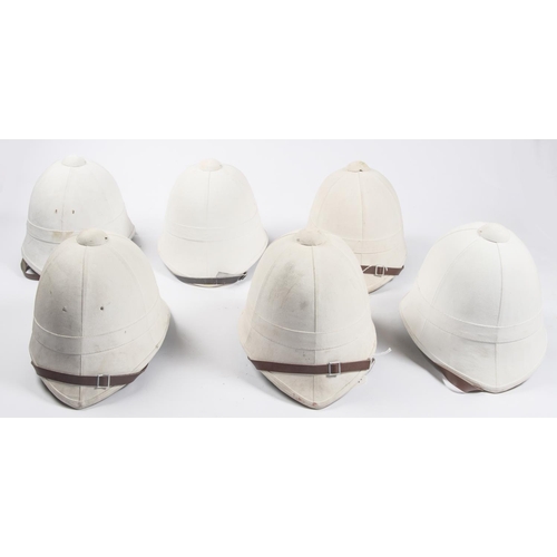 222 - 6 reproduction Zulu War foreign service white helmets, leather chin straps. GC £50-60