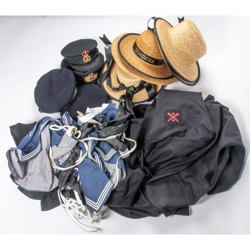 236 - A quantity of replica RN uniform items including 6 Sennet type straw hats; 3 blue tops; 2 prs of bel... 