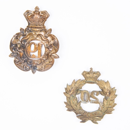 322 - Pre 1881 brass glengarry badges of the 19th and 20th Regiments of Foot, (K&K 451 and 453). GC £60-80