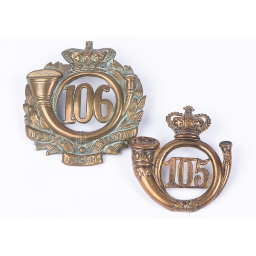 336 - Pre 1881 brass glengarry badges of the 105th and 106th Regiments of Foot, (K&K 582 & 583). GC £60-80