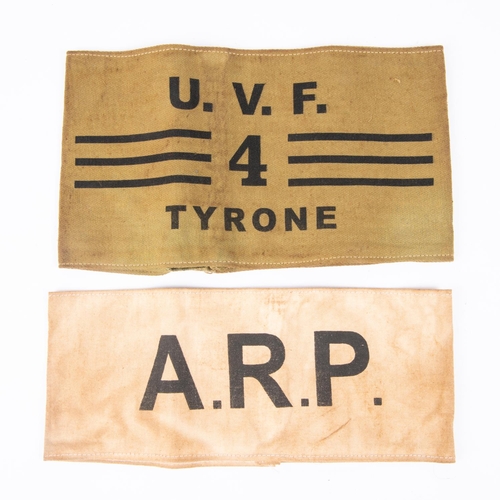 387 - A WWI armband UVF 4 Tyrone, also a WWII ARP arm band. (2)  £65-70