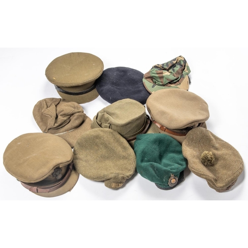 389 - 2 WWII officers' khaki SD caps, Royal Fusiliers and Royal Artillery; 2 khaki tam o' shanters; 2 Cana... 