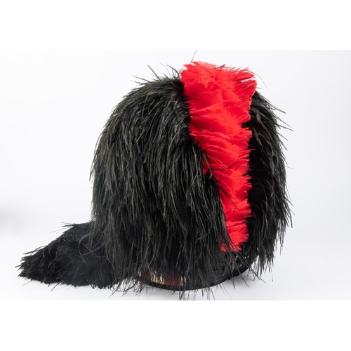 390 - A good Highland officer's feather bonnet, Black Watch red hackle, red, white and blue dicing, leathe... 