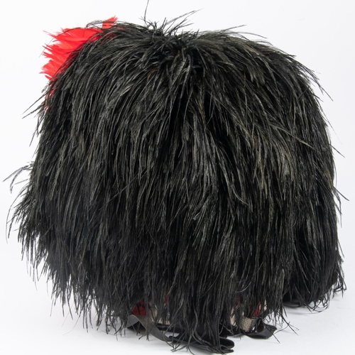 390 - A good Highland officer's feather bonnet, Black Watch red hackle, red, white and blue dicing, leathe... 