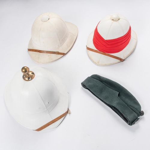 395 - 3 ORs Wolsely helmets of Royal Marine type, 1 with brass ball top, one with red puggaree, and a 7th ... 