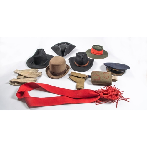 4 - A British Railways peaked cap, 5 modern cowboy hats etc; a water bottle, a holster, 6 leather frogs,... 