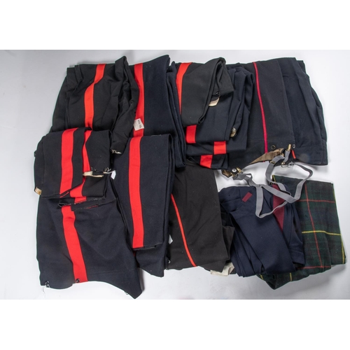 421 - 8 military overall trousers with broad red stripes, 3 pairs with narrow red stripes, 2 pairs with ma... 