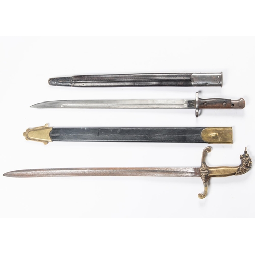 449 - A 1907 patt SMLE Bayonet, in its black leather scabbard; a Georgian band sword with cast brass lion ... 