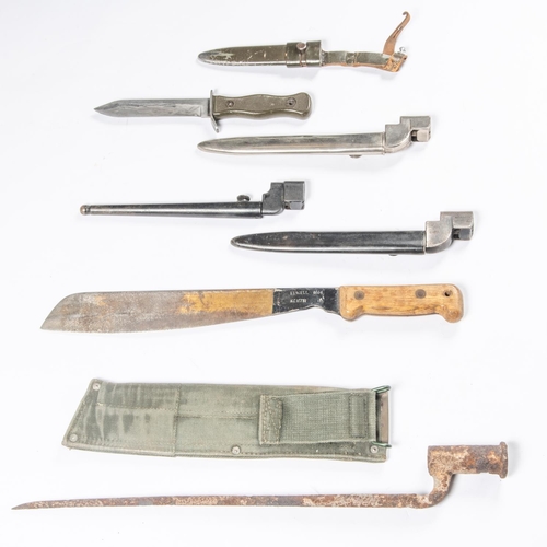 450 - A British Army machete dated 1964, in its scabbard; 2 No9 knife bayonets; a Post War German fighting... 