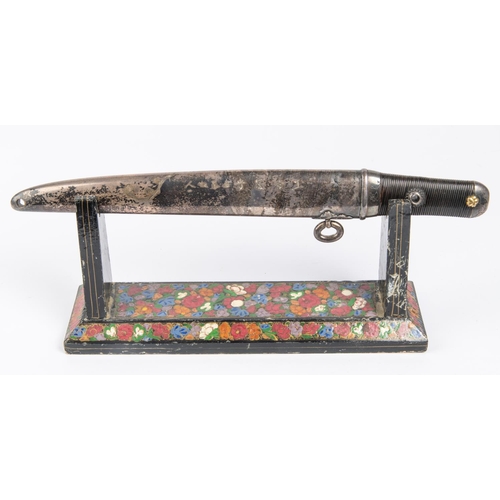 454 - A presentation Aikuchi , signed silver saya and mounts well engraved with peony. Un-tempered blade o... 