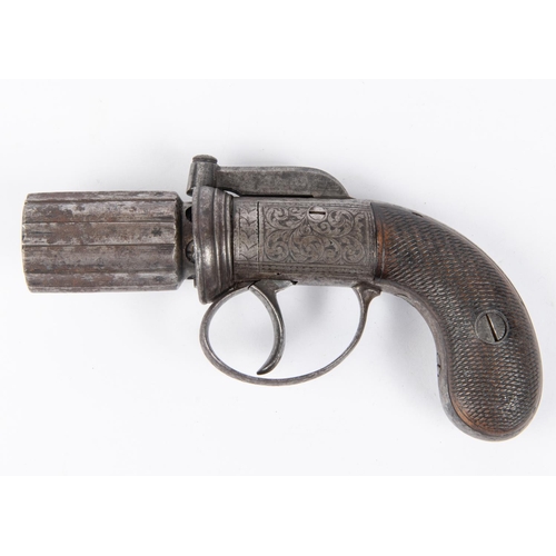 524 - A 6 shot 180 bore self cocking bar hammer percussion pepperbox revolver, 6¼