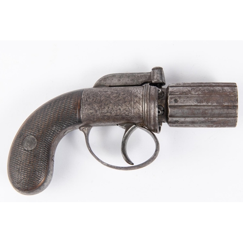 524 - A 6 shot 180 bore self cocking bar hammer percussion pepperbox revolver, 6¼