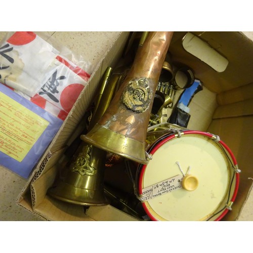 434 - A copper bugle with RE badge affixed and a brass similar bugle; a Royal West Kent drum ice bucket; 9... 