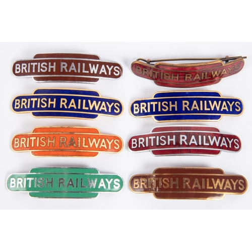 13 - 8x British Railways totem style cap badges, by Gaunt and Pinches. Examples from BR(W), BR(M), BR(Sc)... 