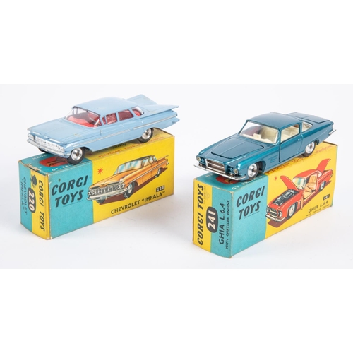 278 - 2 Corgi Toys. Chevrolet Impala (220). An example in light sky blue with red interior and dished spun... 