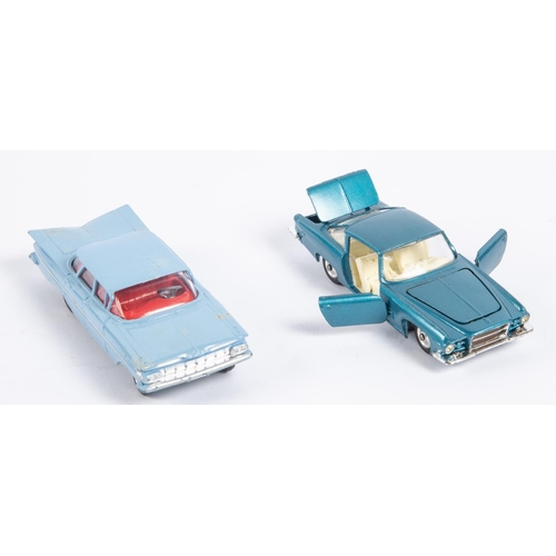 278 - 2 Corgi Toys. Chevrolet Impala (220). An example in light sky blue with red interior and dished spun... 