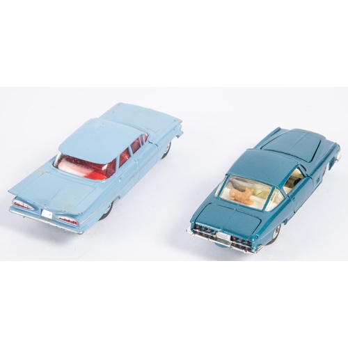 278 - 2 Corgi Toys. Chevrolet Impala (220). An example in light sky blue with red interior and dished spun... 