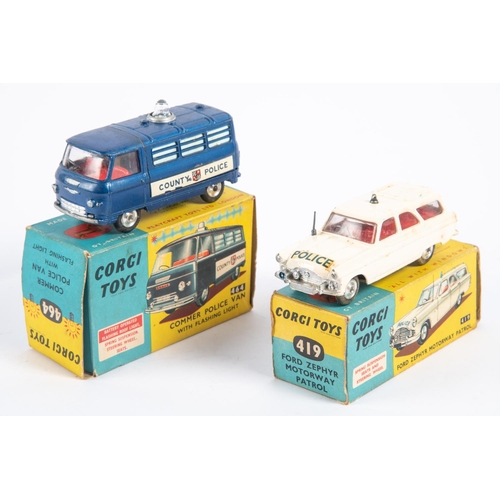 279 - 2 Corgi Toys. Ford Zephyr Motorway Patrol (419). In white with red interior, POLICE to bonnet and re... 