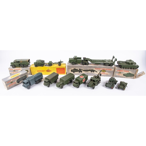 293 - 10x Dinky Toys Military vehicles. A 25-Pounder Field Gun set (697). Mighty Antar Tank Transporter (6... 