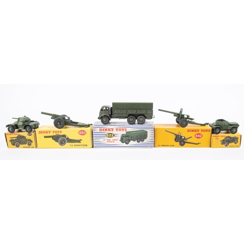 302 - 5 Dinky Military Vehicles. 10-Ton Army Truck (622). 7.2 Howitzer (693). 5.5 Medium Gun (692). Armour... 