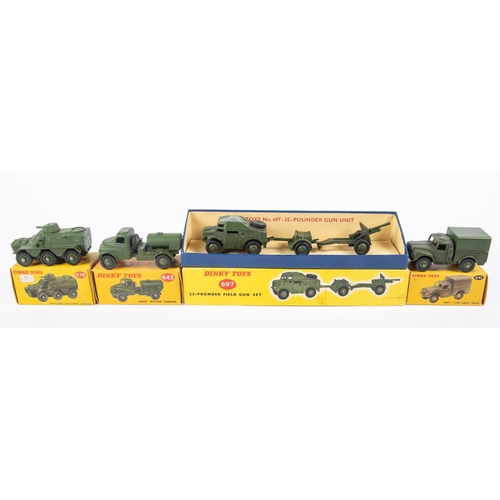 305 - 4 Dinky Toys Military Items. 25-Pounder Field Gun Set (697). Comprising Field Artillery Tractor, Lim... 