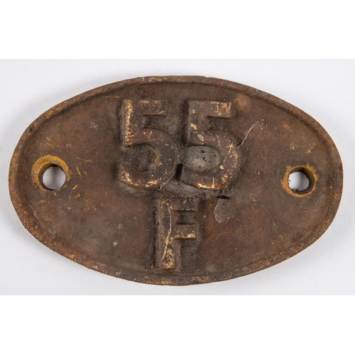 31 - Locomotive shedplate 55F, Bradford Manningham 1957-1967. Cast iron plate in quite good, stripped con... 