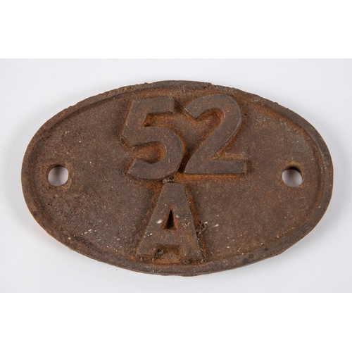 38 - Locomotive shedplate 52A Gateshead 1950-1973. Cast iron plate in quite good condition, surface rust ... 