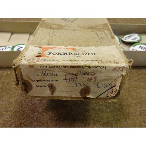 4 - An original trade card box of London Transport PSV bus conductor's badges. Made by Formica Ltd and o... 