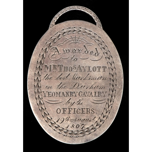 110 - Durham Yeomanry oval medal for Merit 1807, obverse engraved crown above crossed carbine and sword, b... 