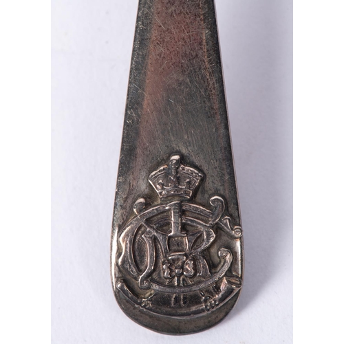 12 - A set of 6 silver regimental prize teaspoons, the stems terminating in the  badge and cypher of the ... 