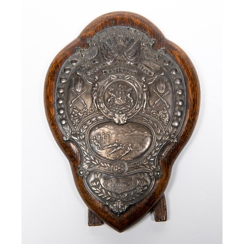 150 - Cape Colony National Rifle Association prize shield, ornate HM silver plaque showing crowned stand o... 