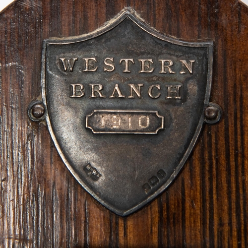 150 - Cape Colony National Rifle Association prize shield, ornate HM silver plaque showing crowned stand o... 