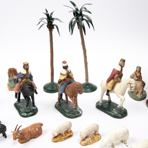 1 - A Nativity Set. 1930s/40s Spanish 25 piece Nativity set in painted clay/composite material. Featurin... 