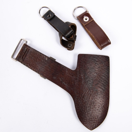 213 - A leather hanger with plated spring clip for a Third Reich RAD hewer; and two leather belt loops. GC... 