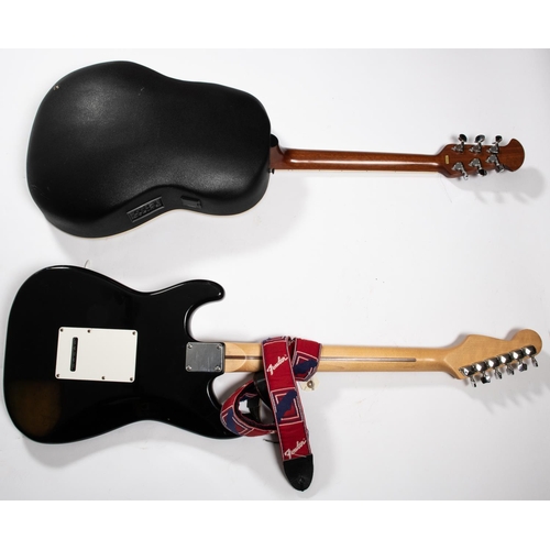 2 - 2x electric guitars and a Squier amp. An Ovation Celebrity Guitar, Model no. CS167 by Kaman Music Pr... 