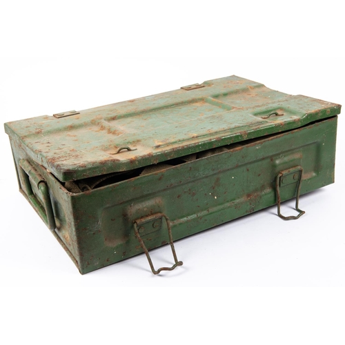 231 - A WWII steel amunition box dated 1943, containing a WWI folding saw dated 1918, case AF; various web... 