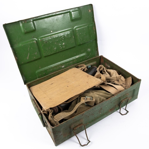 231 - A WWII steel amunition box dated 1943, containing a WWI folding saw dated 1918, case AF; various web... 