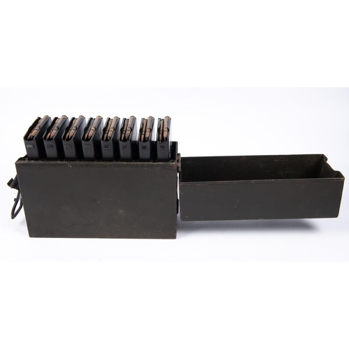 234 - An interesting continental WWII Light Machine gun magazine steel carrying case, containing 8 light m... 