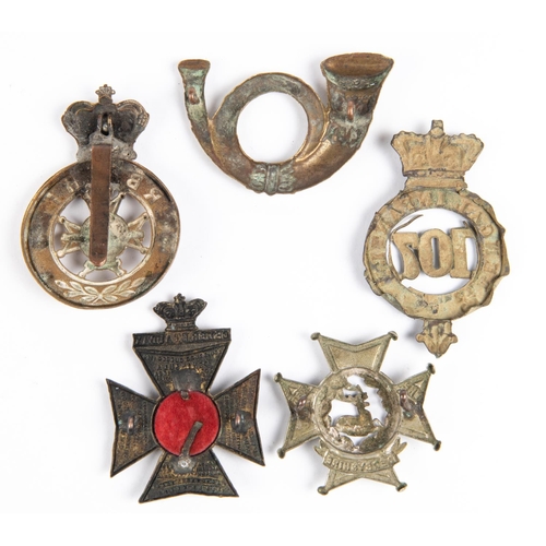 250 - Victorian Derbyshire Regt forage cap badge; post 1881 KRRC glengarry badge; Rifle Brigade brass shak... 