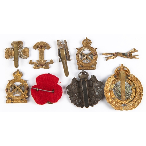 259 - Nine Yeomanry cap badges: Warwickshire by Gaunt, Staffordshire with QVC (brooched), 1915-22 Leiceste... 