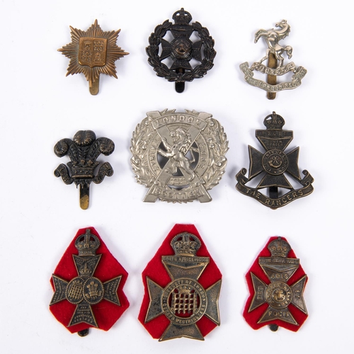 270 - Nine London Regiment cap badges: 11th Bn, pre 1920 12th Bn, 13th Bn, 14th Bn, 15th Bn, 16th Bn, 16th... 