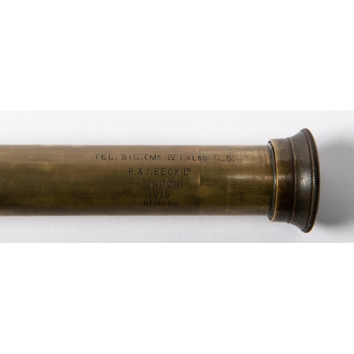 28 - A WWI 3 draw brass signalling telescope, marked “REL. SIG (Mk IV)” also “G.S/ R.& J BECK LTD/LONDON/... 