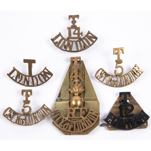 311 - 6 London brass shoulder titles: T/4/grenade/RF/CITY OF LONDON, with original brass back plate, pair ... 