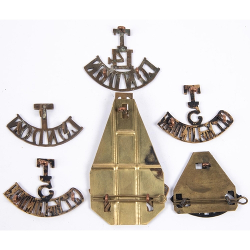 311 - 6 London brass shoulder titles: T/4/grenade/RF/CITY OF LONDON, with original brass back plate, pair ... 