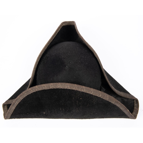 325 - A 19th century tricorn hat, with bullion lace edging to the brim (dull), leather sweat band, and sil... 