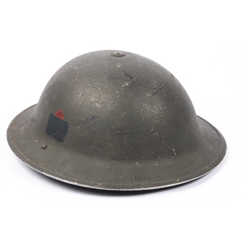 330 - An interesting WWII steel helmet, unit insignia both sides (black square with red semi circle above)... 