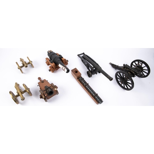 34 - Five model cannon: 15th century mortar on 2 wheeled carriage; 