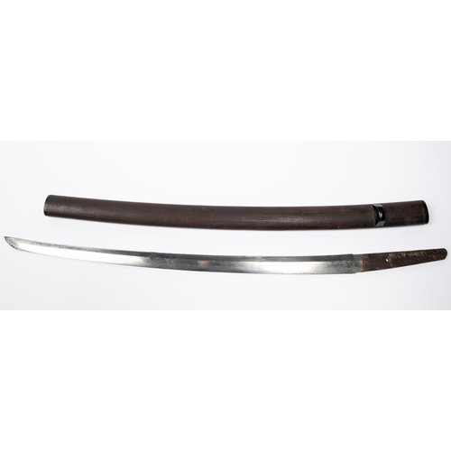 369 - A Japanese sword blade, 20”, with traces of wavy yakiba, the tang signed with six characters, in its... 